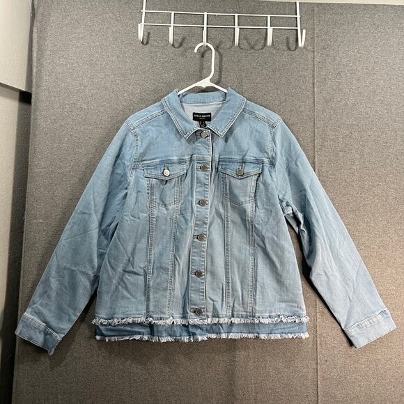 Susan Graver Stretch Denim Jacket with Contrast Trim Light Wash, Large - Picture 1 of 8